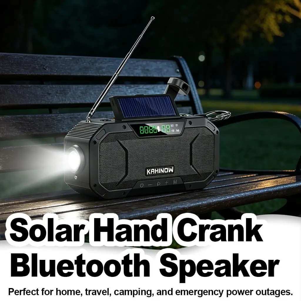 Radio Multifunzione per Emergenze con Manovella Solare, Power Bank, Altoparlante Bluetooth Impermeabile, Torcia e Tenda da Campeggio