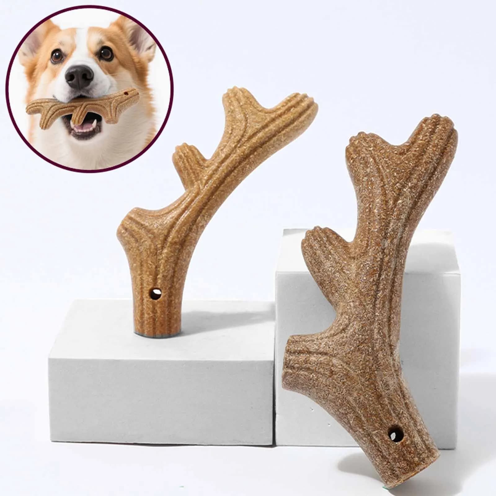 Nuovo durevole legno-plastica giocattolo da masticare per cani carino corna di cervo forma dentizione bastone resistente ai morsi denti pulire bastone forniture per animali domestici 1 pz
