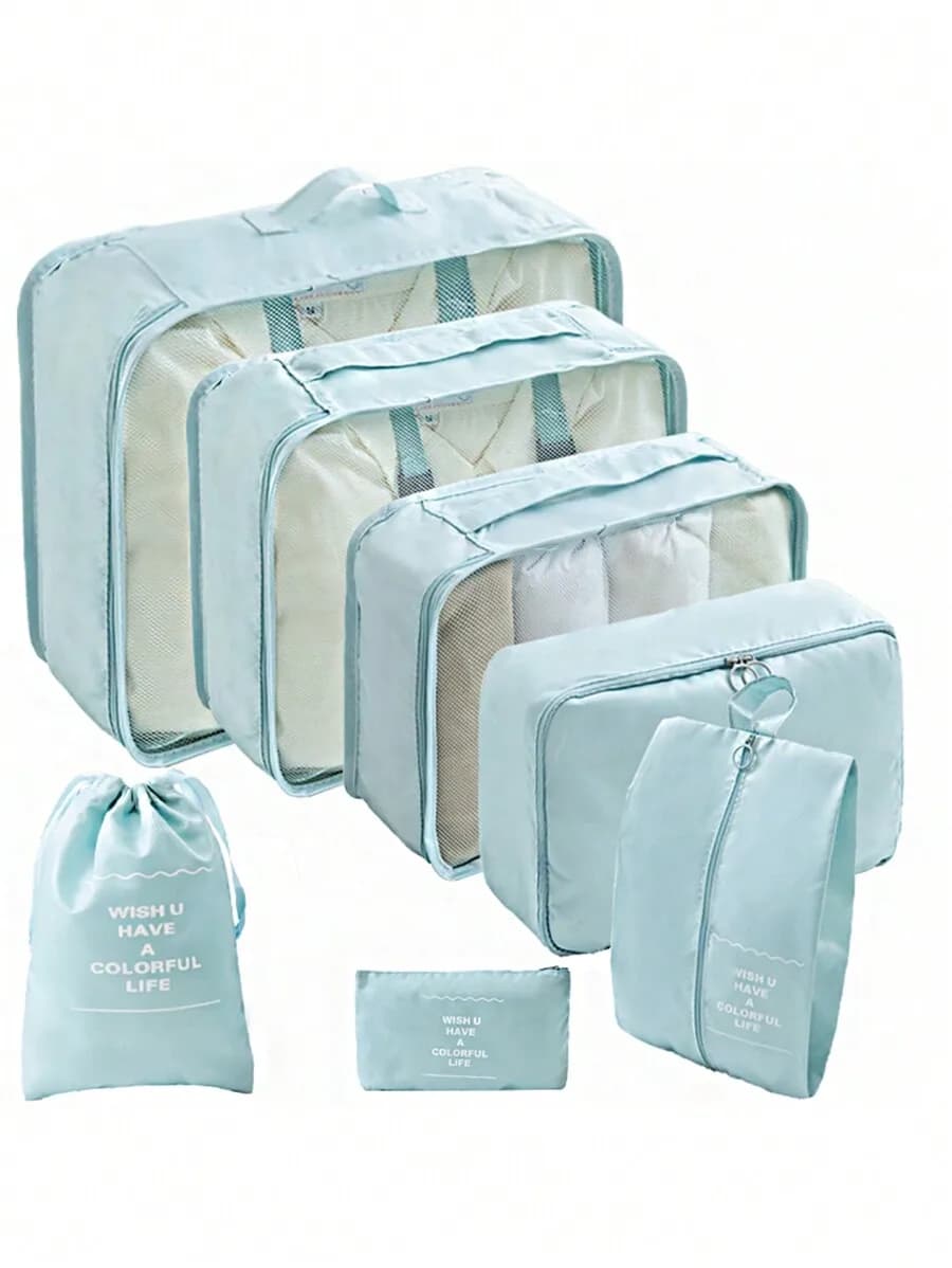 Set di 9 cubi da viaggio per organizzare i vestiti con grafica a lettere, colore azzurro, per valigia