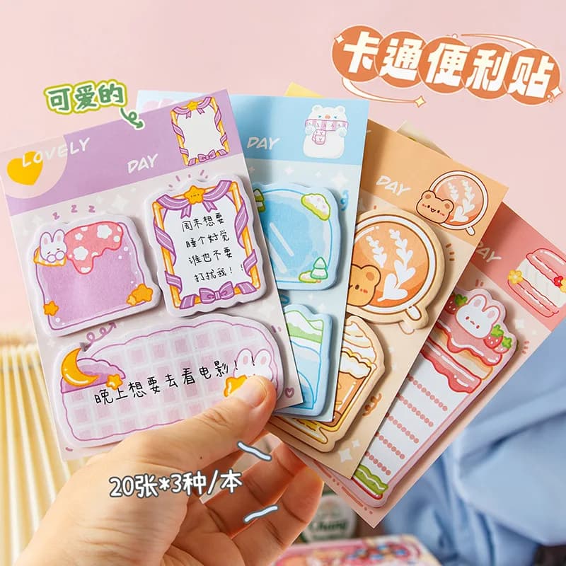 60 Fogli di Note Adesive a Forma di Cartone Animato Kawaii, Blocco Note con Animali Carini per Diario e Cancelleria Studentesca