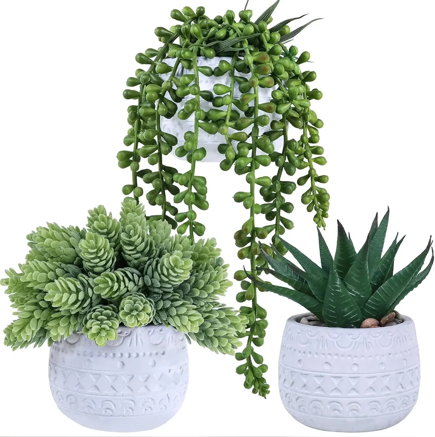 Set di 3 Piccole Piante Succulente Artificiali in Vasi di Cemento Bianco per Decorazione Casa, Regalo, Festa, Matrimonio