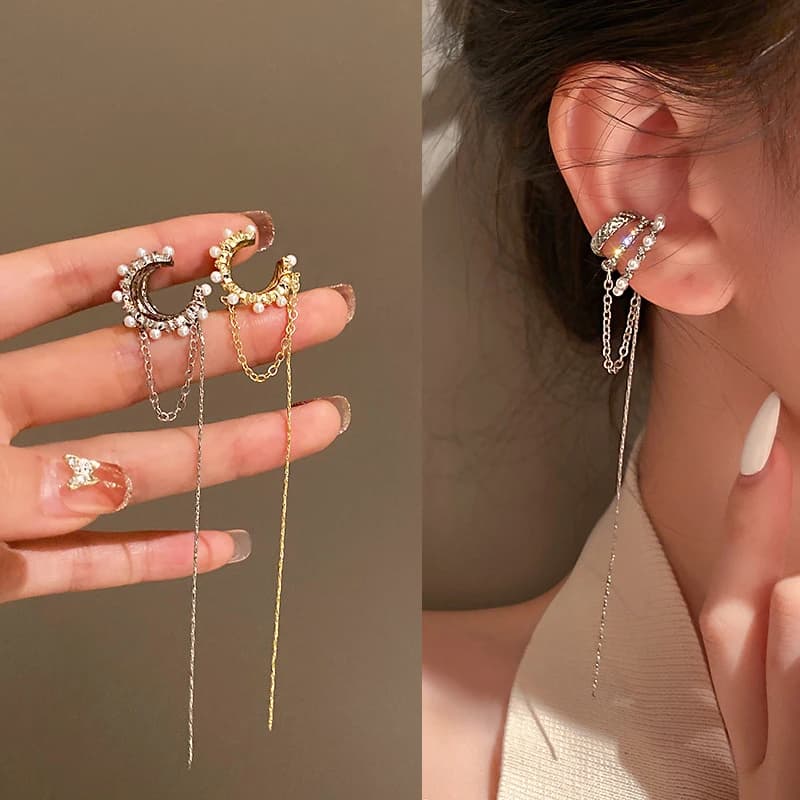 Nuovi Orecchini a Clip Multistrato di Tendenza per Donne, Design Geometrico con Zirconi Brillanti e Perle, Senza Piercing, con Lunga Catena e Nappine
