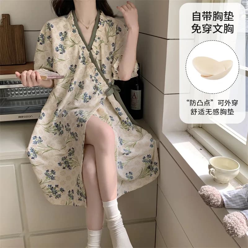 Summer Loose Kimono Robe Floral Pajamas Dress Pregnant Women Nightgown Short Sleeved Postpartum Breastfeeding Nursing Clothes