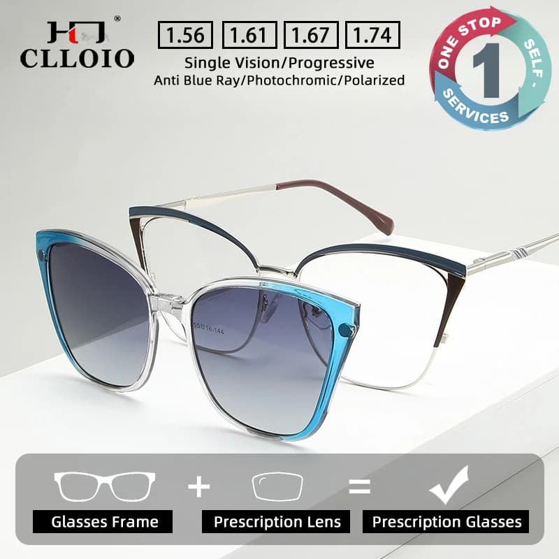 CLLOIO Nuovi occhiali da sole magnetici Cat Eye in metallo da donna Occhiali da sole polarizzati 2 in 1 Occhiali progressivi personalizzati con prescrizione