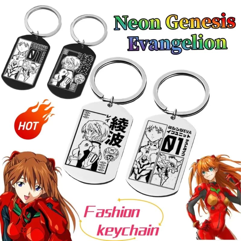 Portachiavi in Acciaio Inossidabile Neon Genesis Evangelion, Ciondolo Carino e Creativo a Tema Cartone Animato, Personalizzabile, Stile Kawaii