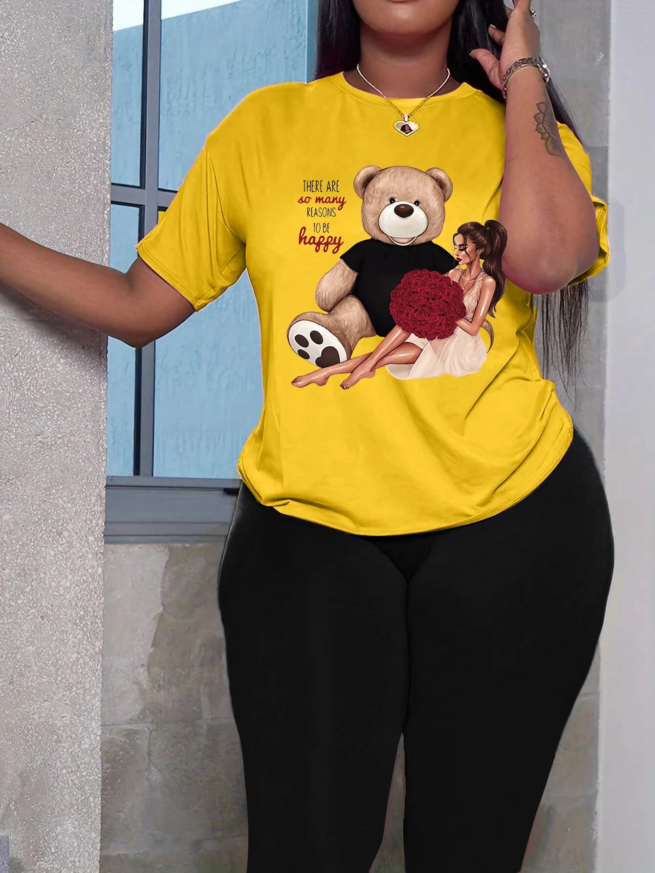 Orso e ragazza Divertente stampa Donna O-Collo Magliette basic Set da due pezzi Leggings capri elastici morbidi e confortevoli Set femminili