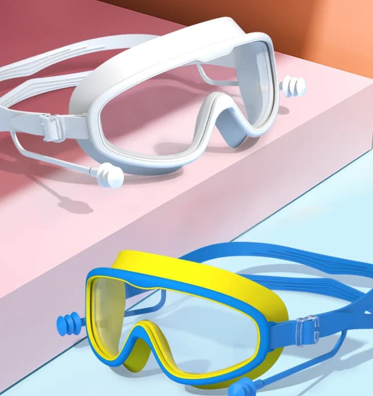 Kids & Adults Swimming Goggles: Waterproof, Anti-Fog, HD Transparent, Large Frame with One-Piece Earplugs