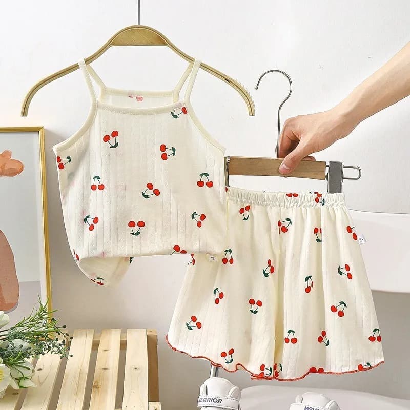 Set di bretelle per bambini Pigiama di cotone per ragazze estive Pantaloncini di gilet Cartoon senza maniche Indumenti da notte morbidi e carini Stampa ciliegia 2 pezzi / set