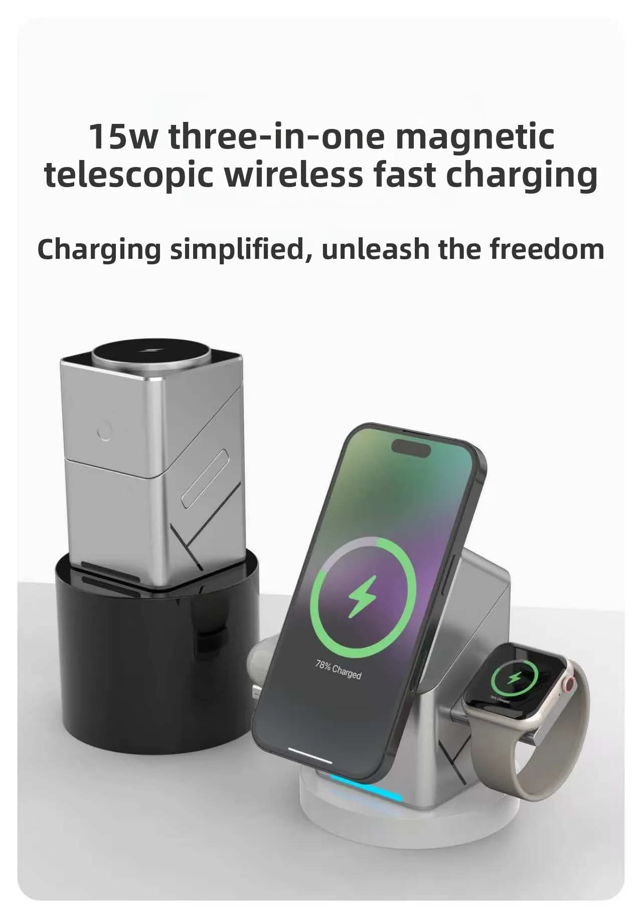 Caricabatterie wireless da tavolo tre in uno magsafe ricarica wireless magnetica 15w ricarica rapida portatile in viaggio