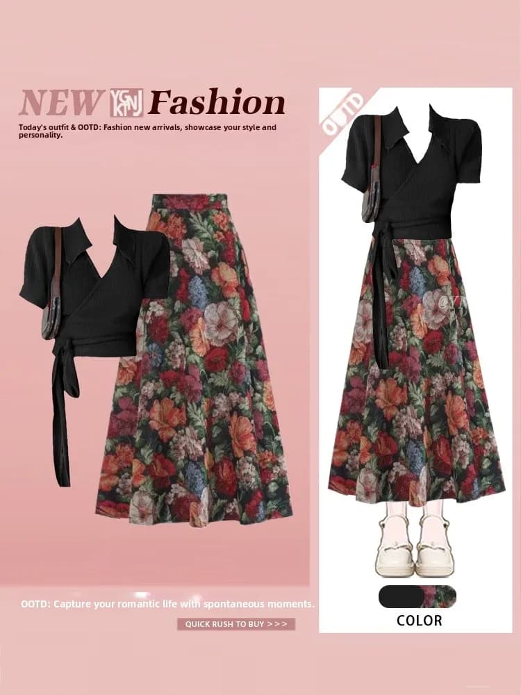 Retro Hong Kong Style Knitted Short Sleeve T-Shirt Top with Print Half Skirt Two Piece Set Light Maturity Bow Tie Collar