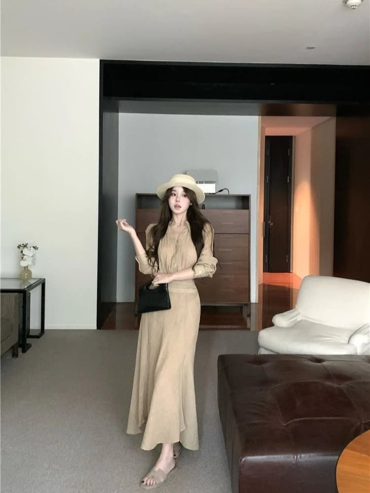 Spring Summer Women's French Inspired Set Loose Blouse High Waist Pleated Skirt 2 Piece Outfit