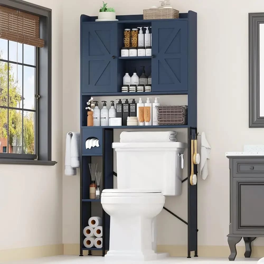 Mobiletto portaoggetti in metallo da posizionare sopra il WC con 7 ripiani regolabili e porta carta igienica, organizer da bagno blu