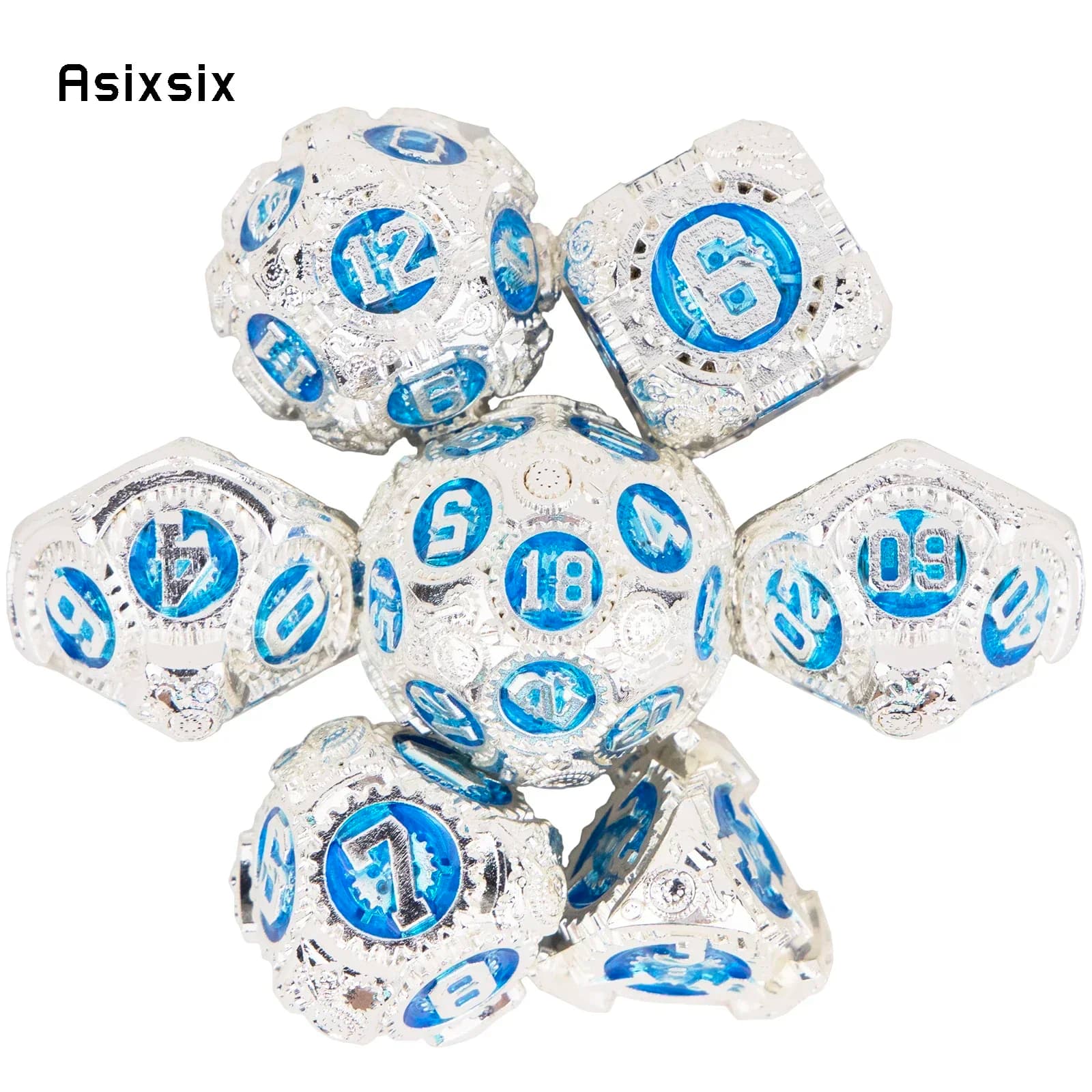 Set di 7 Dadi in Metallo Bianchi e Blu con Ingranaggi, Perfetti per Giochi di Carte, Giochi da Tavolo, Critical Role, RPG, D&D