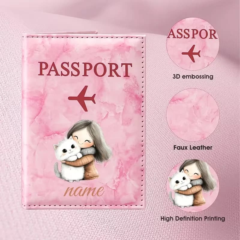 Personalized Custom Name Warm Hug Illustration Design PU Passport Holder, Featuring a Gray-Haired Woman Embracing a White Cat