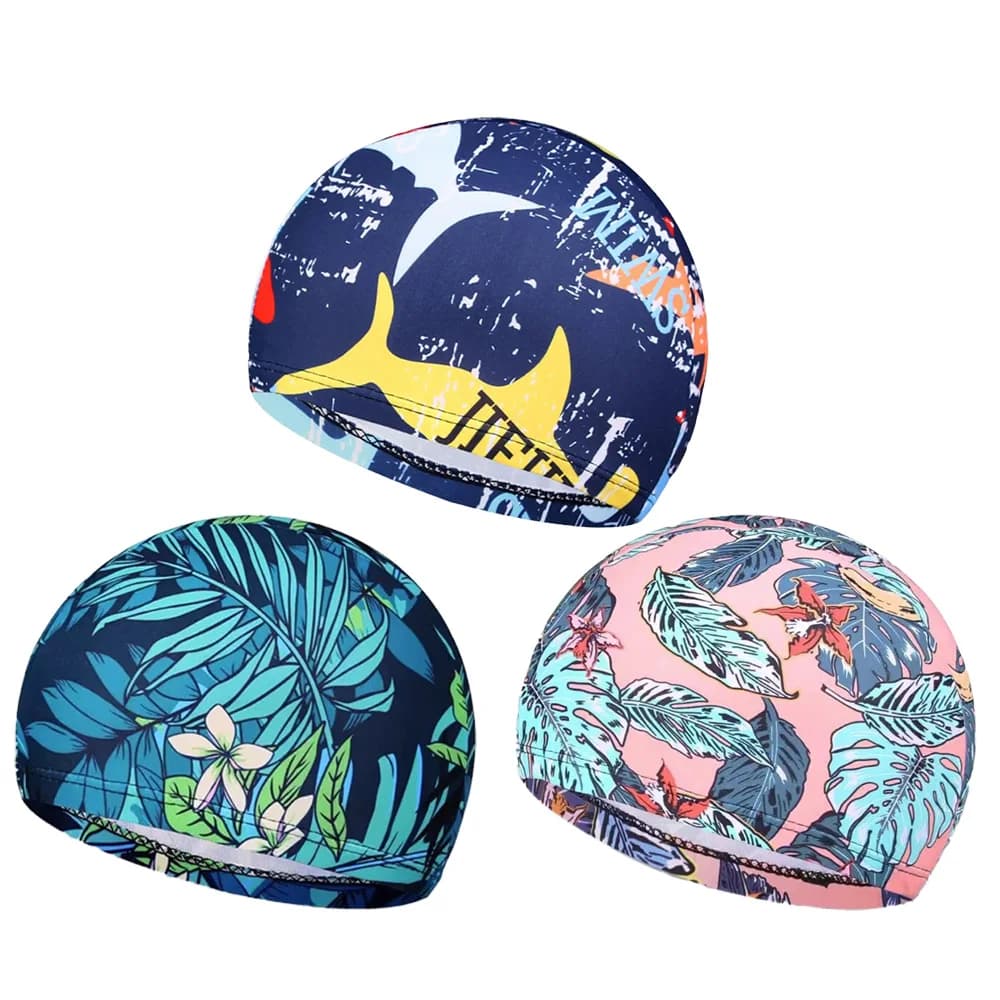 DIZETION Swim cap with ear protection and anti-slip design with adult leaf print for swimming pool, beach and summer fun