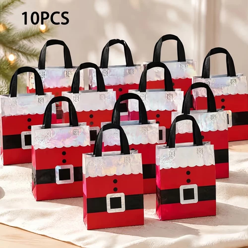 10-Piece Christmas Gift Bag Set, Laser-Cut Handle with Santa Claus Design, Durable and Reusable, Suitable for Gift Packaging, Holiday Party Favors, and Shopping, Holiday Tote Bags, Party Supplies