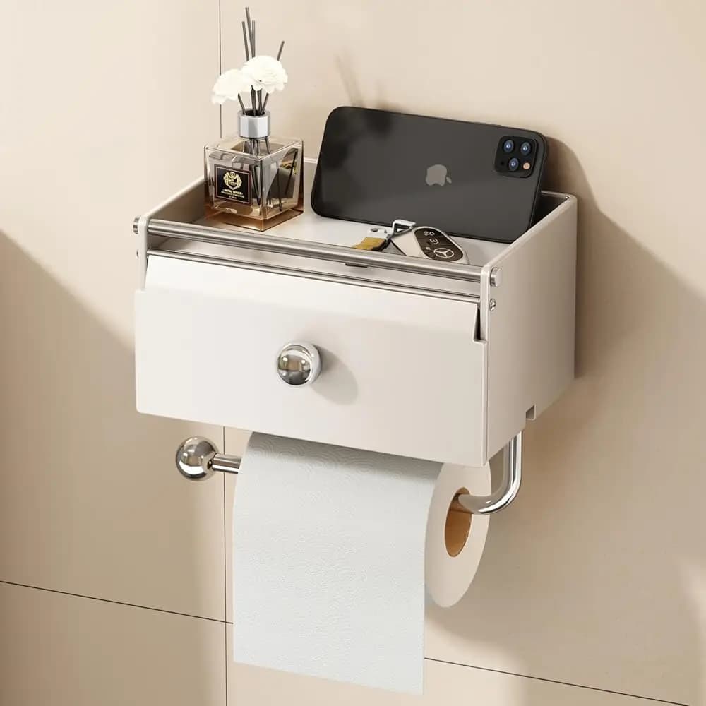 Portarotolo per Carta Igienica con Mensola, Dispenser per Salviette Biodegradabili per Bagno, Portarotolo Adesivo con Vano Portaoggetti