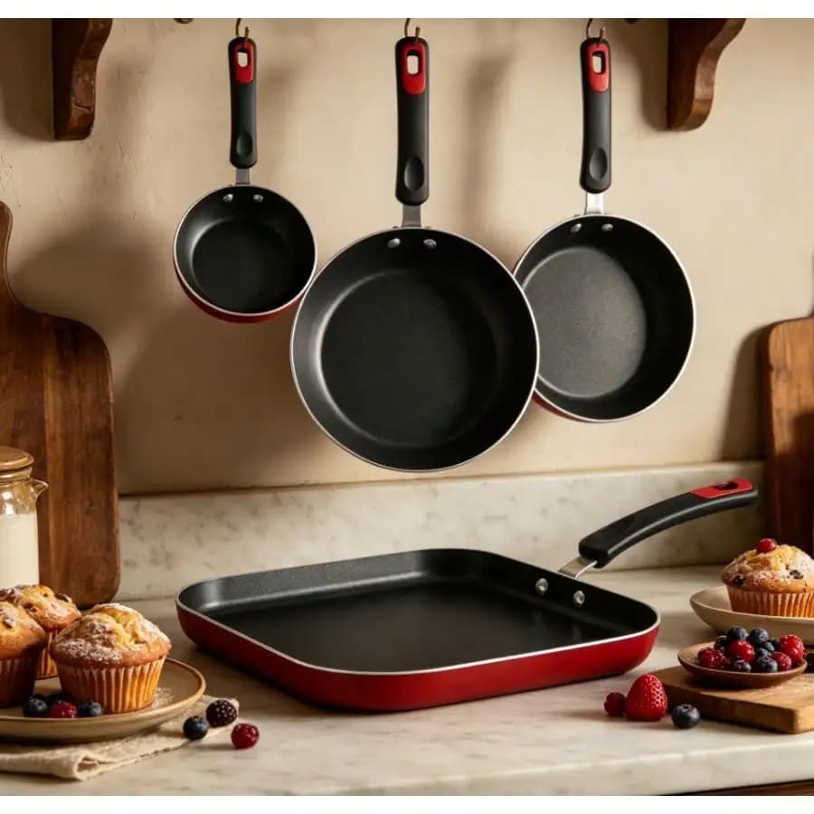 Set di pentole antiaderenti in alluminio Everyday da 3 pezzi, rosso metallizzato, combinazione di padelle e piastra
