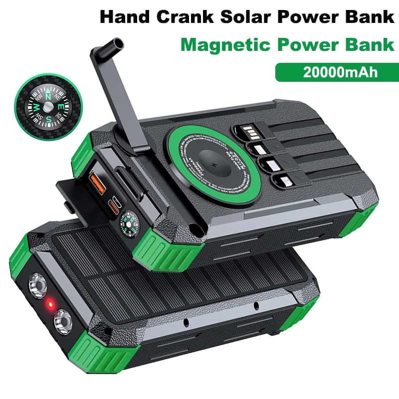 20000 mAh Hand crank solar power bank with 22.5 W wireless magnetic light fast charging for iPhone 17 16 iWatch Airpods Powerbank