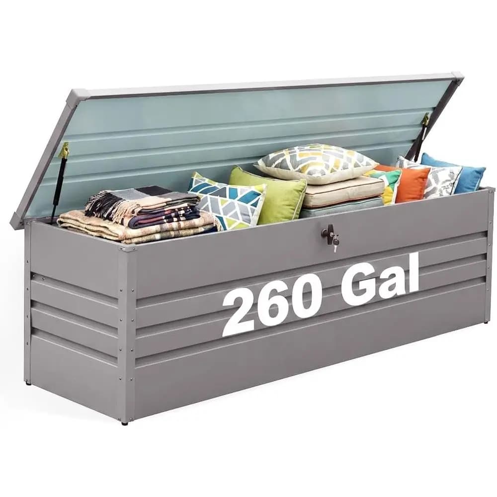 Box da Esterno in Metallo da 260 Galloni, Contenitore Impermeabile Extra Large per Patio con Coperchio Bloccabile per Cuscini, Accessori Piscina, Giardino