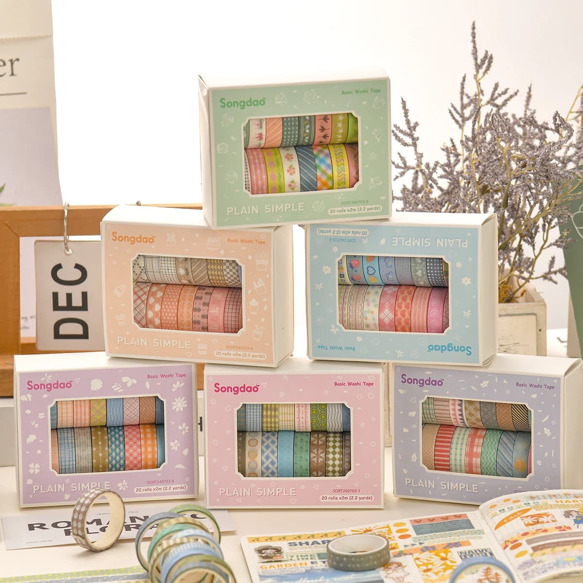 Simple Washi Tape Set 20 Rolls, Aesthetic Pastel Floral Decorative Tape for Scrapbook Journaling DIY Craft Supplies