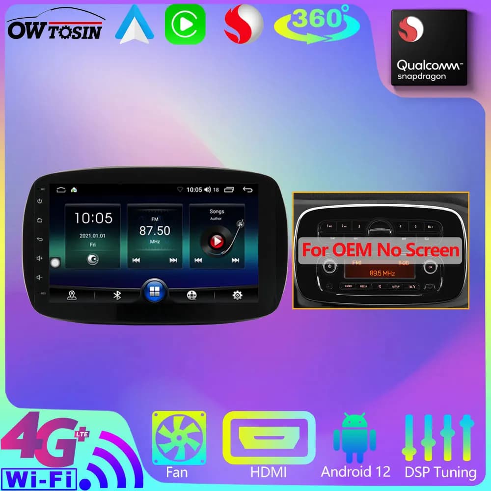 12G + 256G Android 13 4G SIM WiFi CarPlay Lettore stereo per auto per Smart Fortwo C453 A453 W453 Navigazione GPS Bluetooth 5.0 Radio DSP
