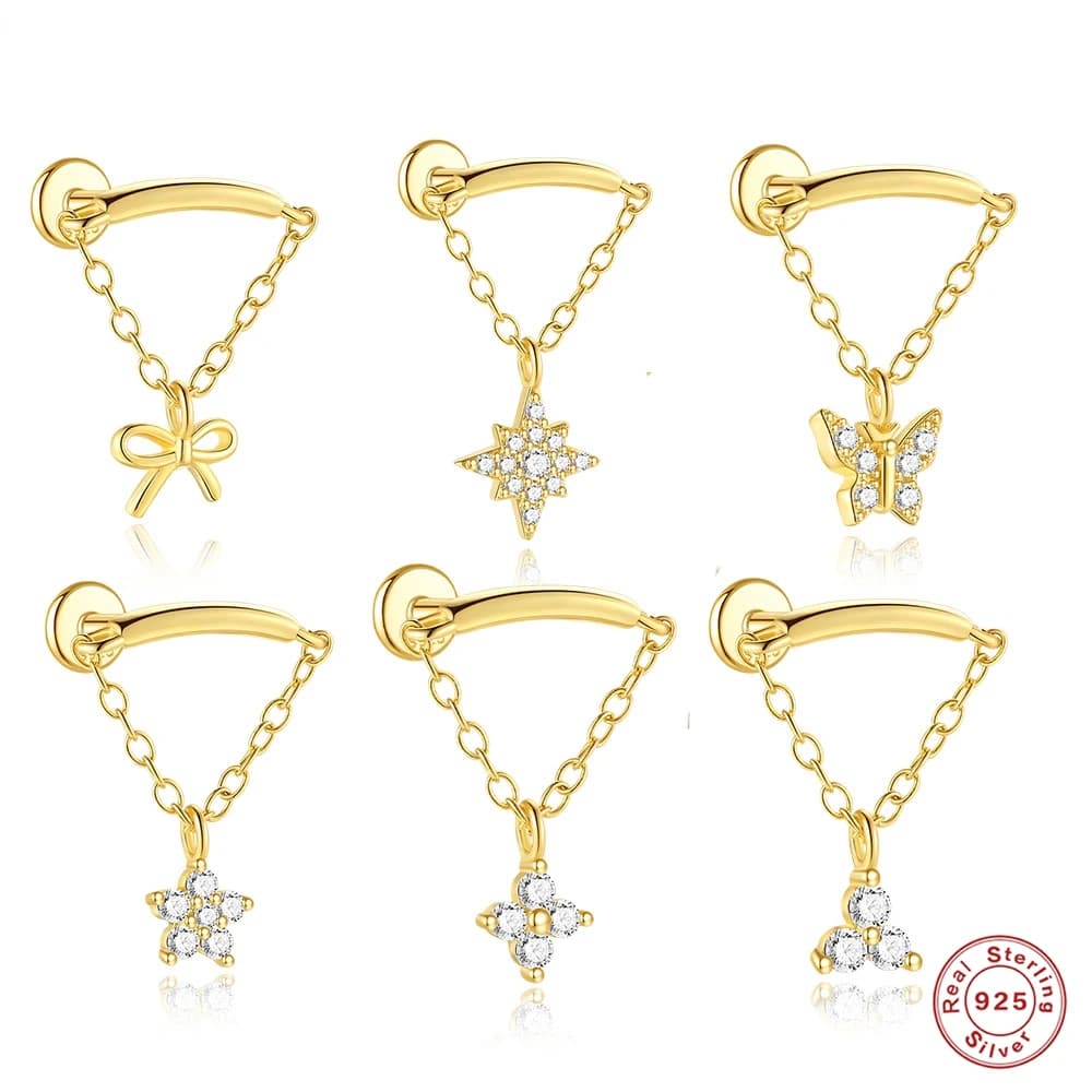 AIDE 1Pc Zircon Stud Earrings For Women Cartilage Spiral Puncture Tassel Studs 925 Silver Butterflies Stars Flowers Jewelry Gift