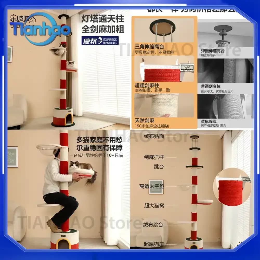 Multi-Level Cat Tree with Jumping Platform and Scratching Board for Cats – Space-Saving Sturdy Design with Thick Sisal Rope