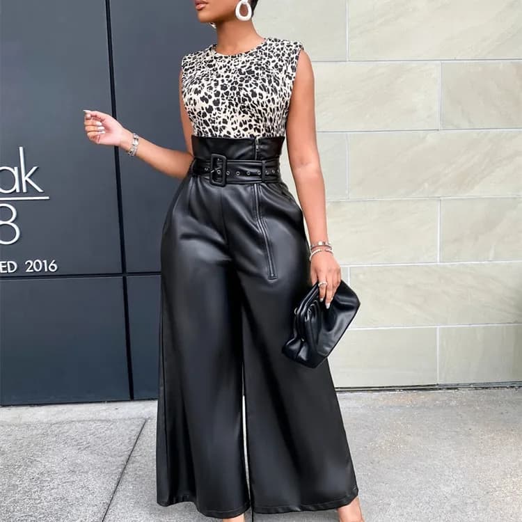 Gamba Larga trousers with Belt, Elegant and Casual, Black, Long, Women's Fashion, PU Leather High Waist Pants