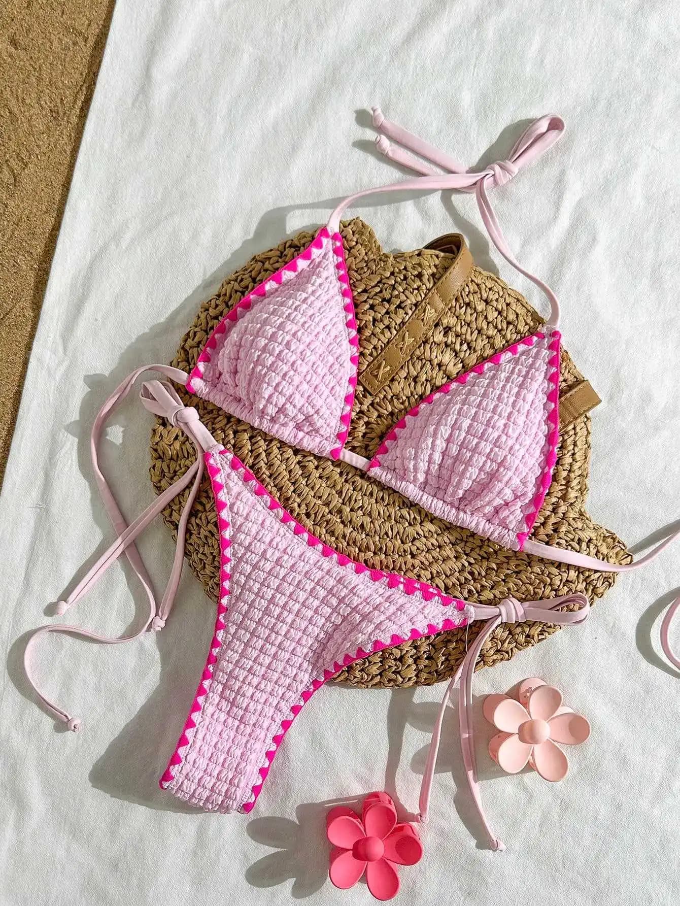 Set di micro bikini sexy rosa patchwork a due pezzi con laccetti sul retro, costume da bagno, biquini, tankini, trikini