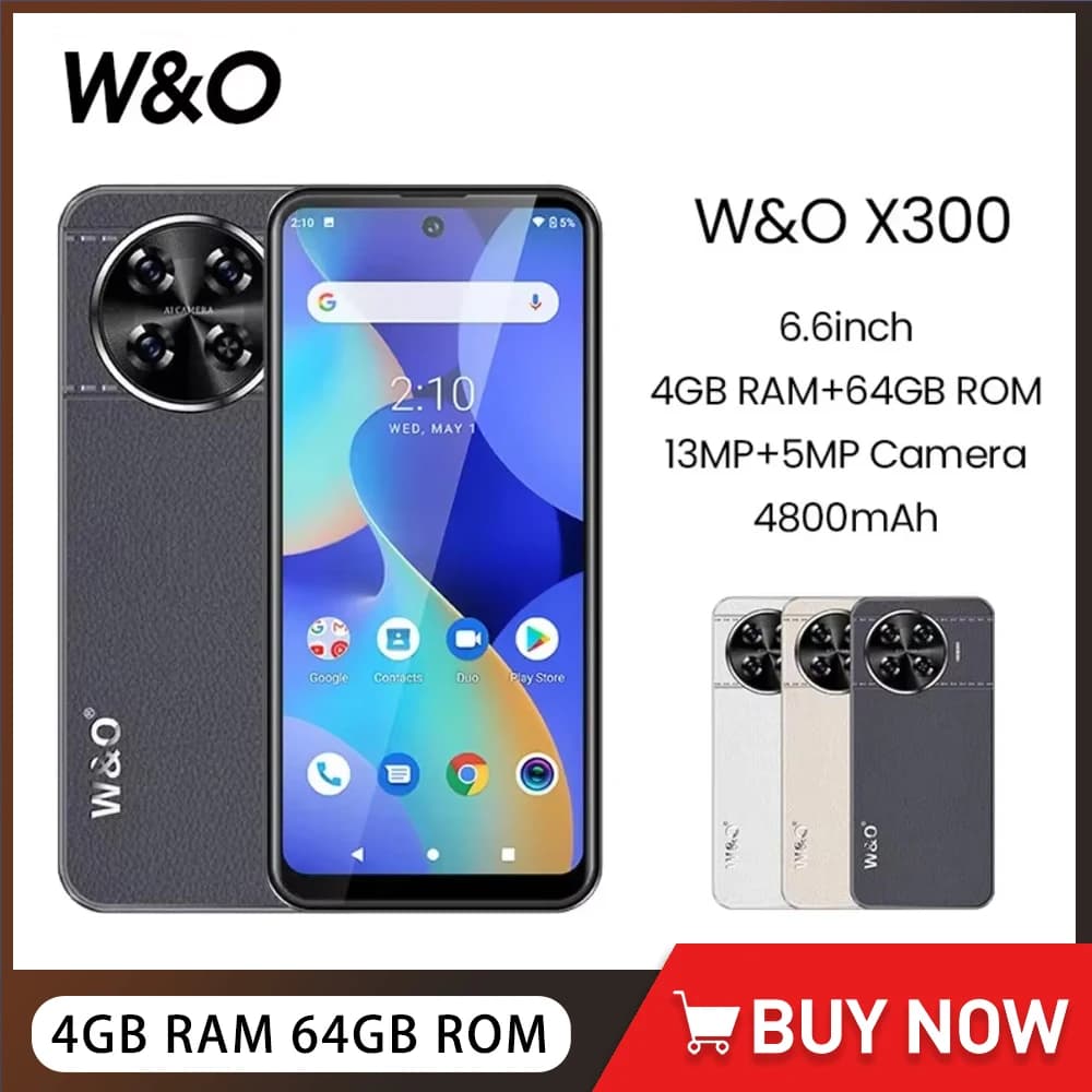 W&O X300 Smartphone 4G ultrasottili Quad Core 4 GB + 64 GB Display HD + da 6,6 pollici Telefono cellulare Android 10 Batteria da 13 MP 4800 mAh Dual SIM