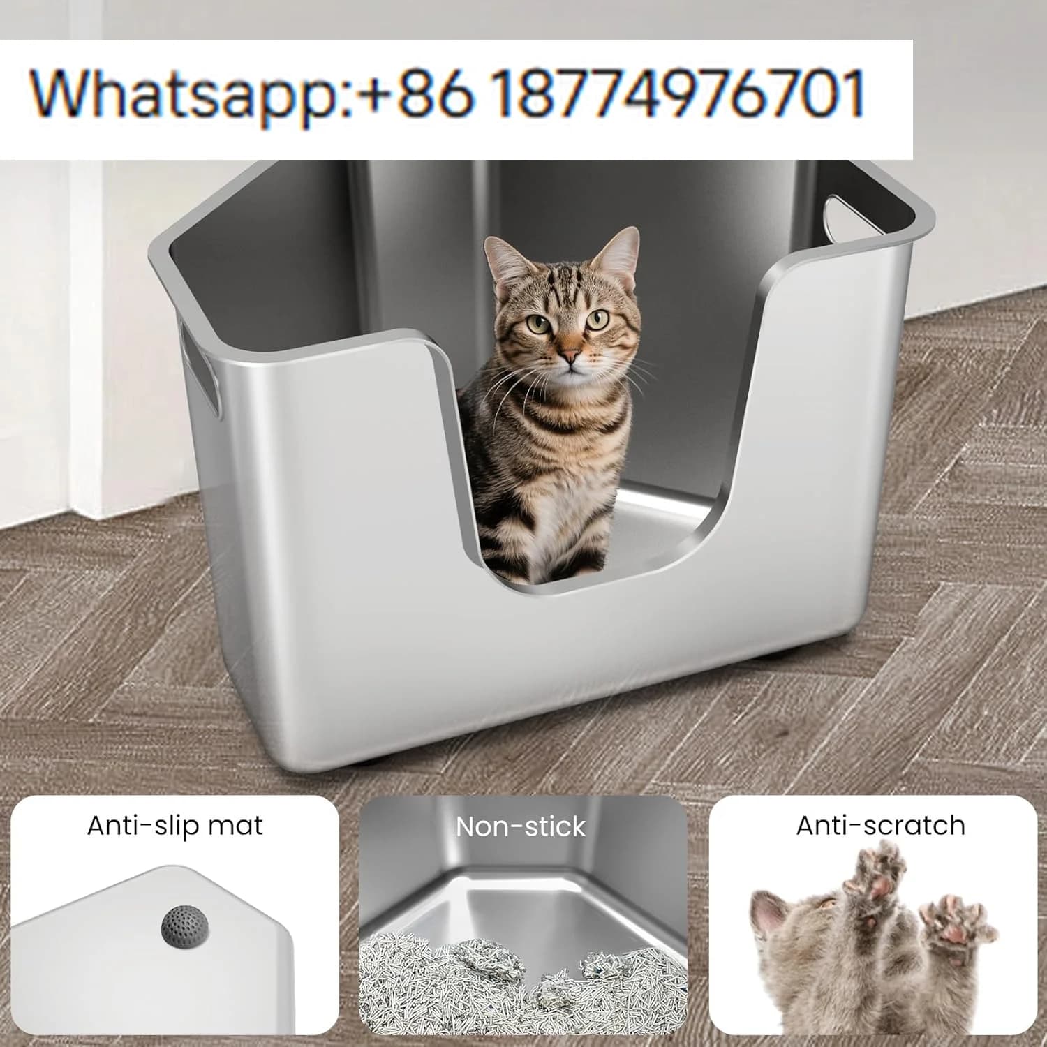 Lettiera per Gatti ad Angolo in Acciaio Inossidabile OEM, Lettiera in Metallo con Bordi Alti, Toilette per Gatti ad Angolo Monopezzo, Nessun Montaggio Richiesto