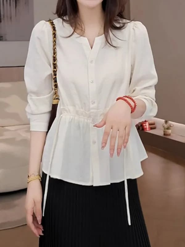 Camicia a maniche lunghe da donna, nuova collezione primavera 2026, taglie forti, alla moda, che nasconde le imperfezioni, con scollo a V e bottoni