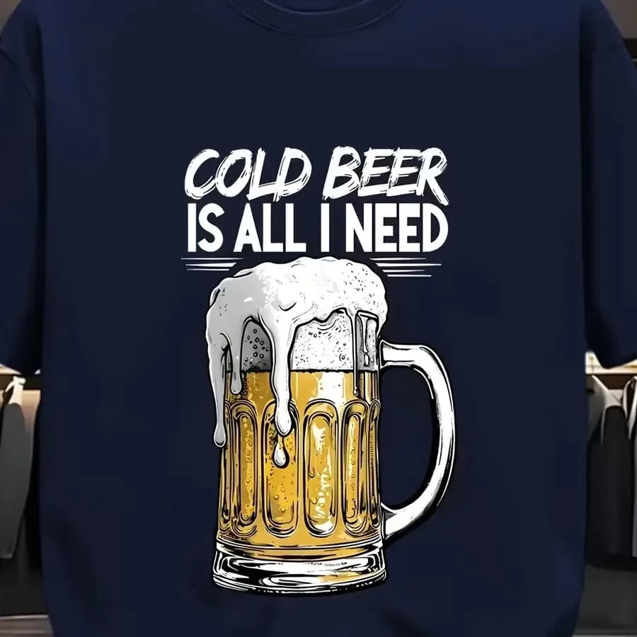 【Nuovo stile】T-shirt da uomo a maniche corte in poliestere leggero e traspirante - Stampa con motivo a tazza di birra "Cold Beer Is What I Want" Styl