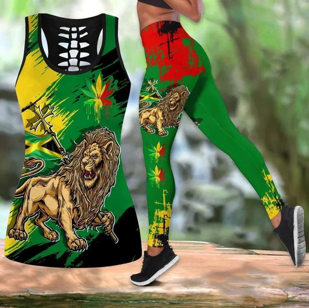 PLstar Cosmos Giamaica Leone stemma e bandiera Canotta cava stampata in 3D e leggings Set Fitness Pantaloni da yoga femminili LKB-38