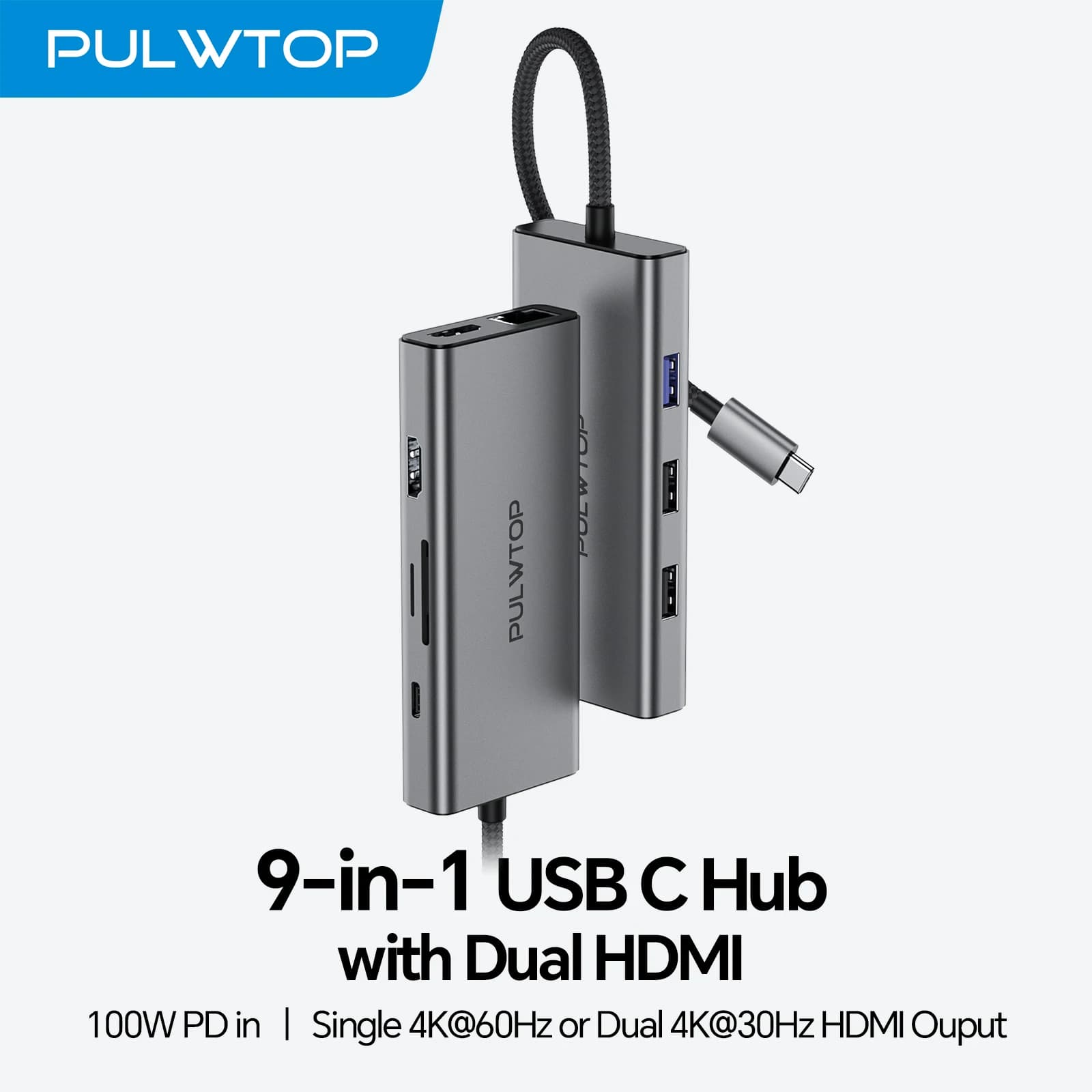 Docking Station USB C PULWTOP con Adattatore Dual HDMI, Hub USB C 9 in 1 con Doppio Monitor, Adattatore USB C con 2*HDMI, USB 3.0, RJ45, PD