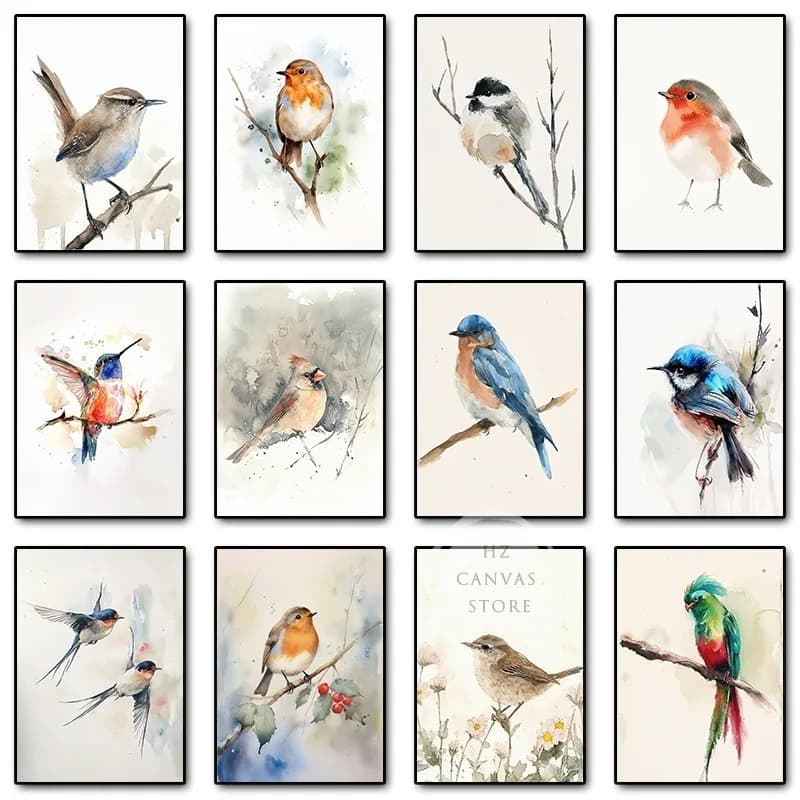 Bird Chickadee Robin Watercolor Poster and Print Bird on Branch Canvas Painting Minimalist Wall Art Picture for Room Home Dec