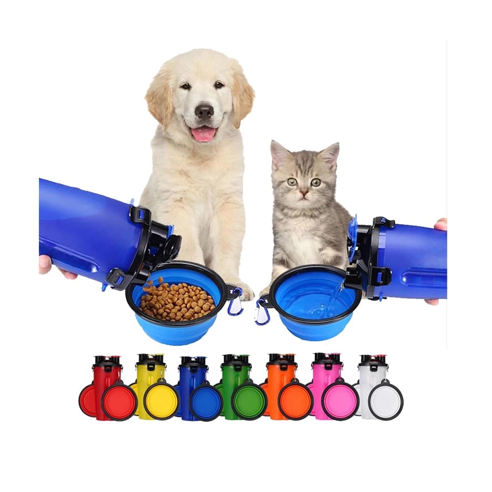 Bottiglia d'acqua pieghevole per ciotola per cani 2 in 1 Alimentatore pieghevole per alimenti per animali domestici Contenitore per alimenti per gatti Tazza pieghevole per ciotola in silicone da viaggio all'aperto