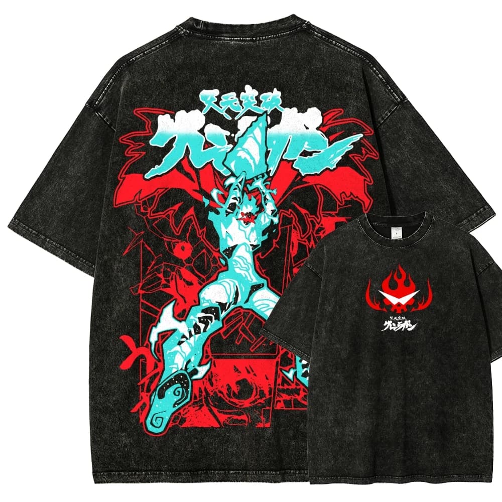 2026 summer Tengen Toppa Gurren Lagann Spiral Power T-shirt, Vintage Washed, Harajuku Streetwear, Unisex Tee for Anime Fans