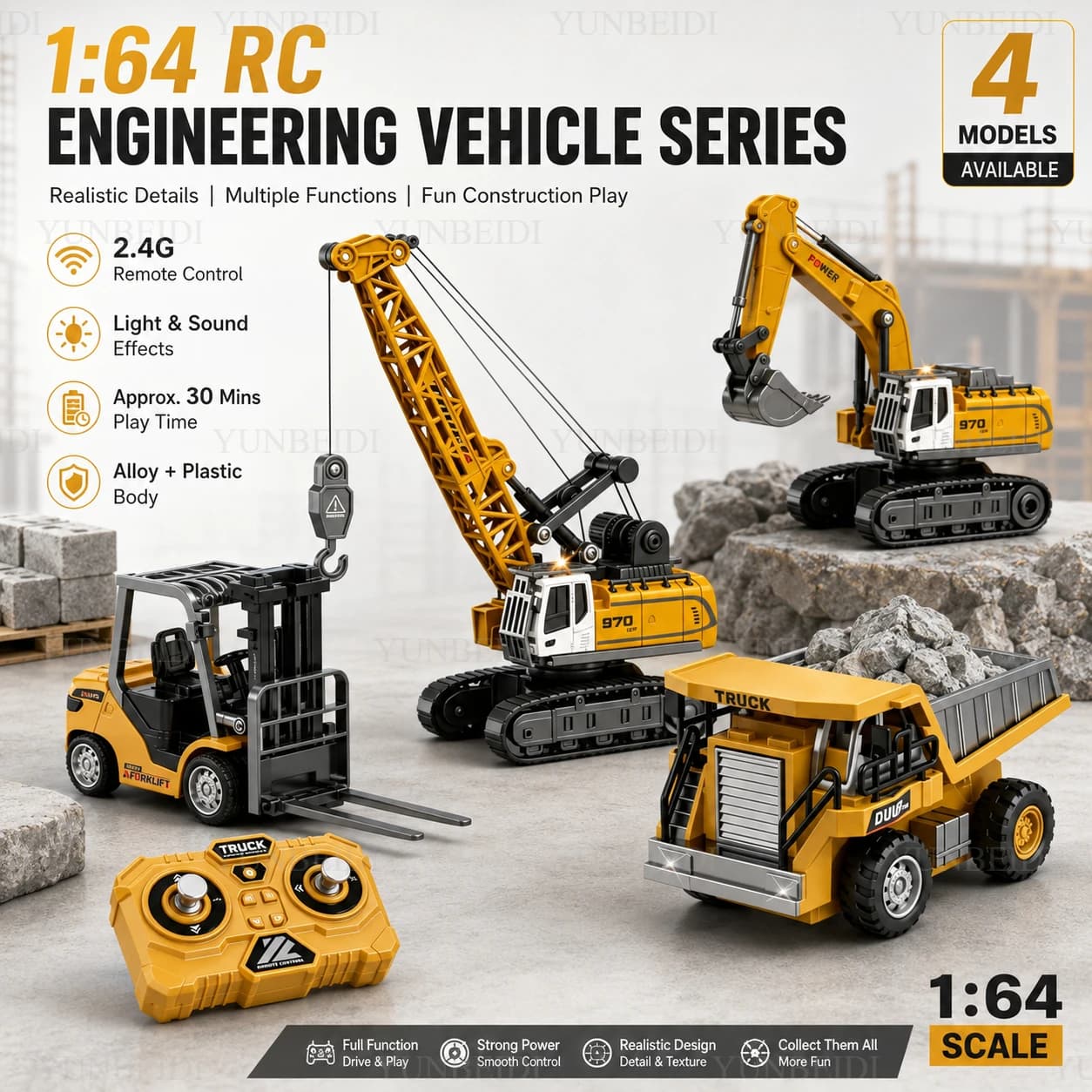 1:64 Remote Control Mini Alloy Car Forklift Crane Excavator Desktop Game 2.4G RC Engineering Lift Truck Kid's Toys Festival Gift