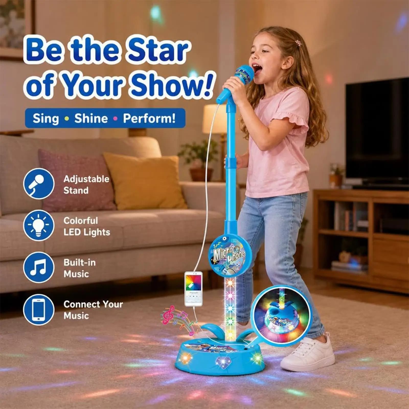 Kids Microphone Adjustable Height 110cm Singing Props Karaoke Machine Stand Built In Stereo Speaker 7 Color Light Idol Role Play