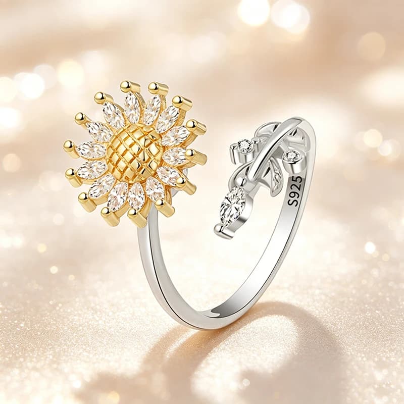 Rotating Crystal Sunflower Spinner Ring Anti Anxiety Fidget Joint Jewelry Ladies Korean Daisy Rings Gifts Relax Accessories