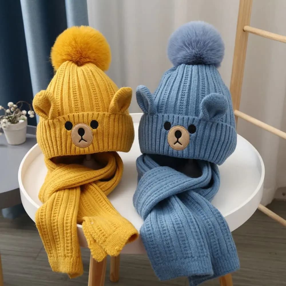 Set Sciarpa e Cappello Orsetto Comodo per Bambini, Berretto in Lana Caldo Lavorato a Maglia, Simpatico Cappello Invernale in Maglia per Bambine