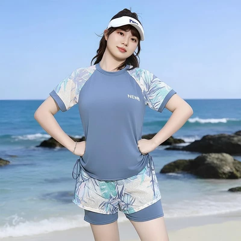 Set tankini con stampa tropicale, top a maniche corte raglan con coulisse laterale e pantaloncini a doppio strato, costume da bagno sportivo da spiaggia