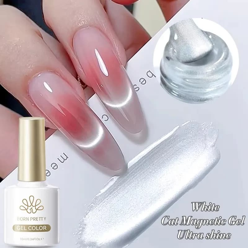 BORN PRETTY 10ml Gel Magnetico Effetto Occhio di Gatto Bianco Fluorescente Ultra Brillante Soak Off UV Gel Effetto Specchio con Perline di Vetro per Nail Art