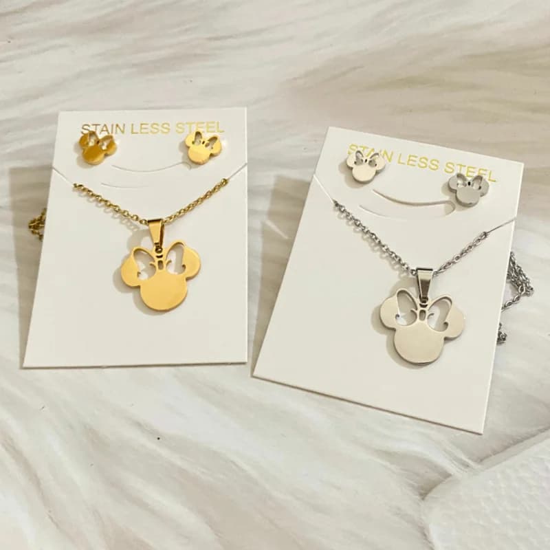 Set di Gioielli in Acciaio Inossidabile con Topolino Cartoon e Fiocco per Donne, Collana e Orecchini Anime alla Moda, Accessori per Feste