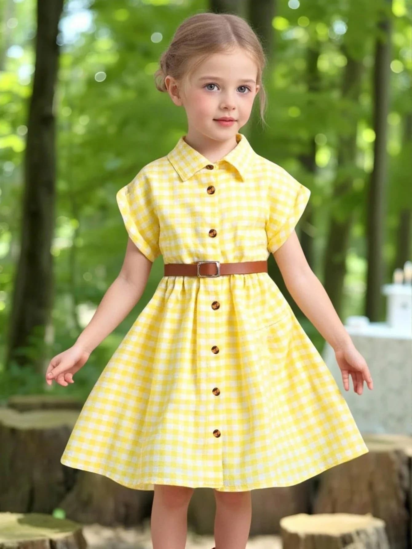 Abito chemisier giallo a quadretti con bottoni e cintura, casual, a trapezio, estivo