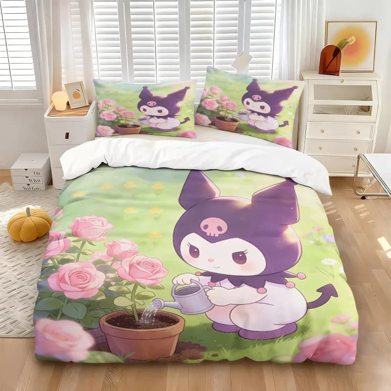 Set di Biancheria da Letto Kuromi Sanrio, Copripiumino con Stampa di Rose Kawaii per Camere da Letto Femminili, Lenzuola Anime con Motivi Floreali Verdi