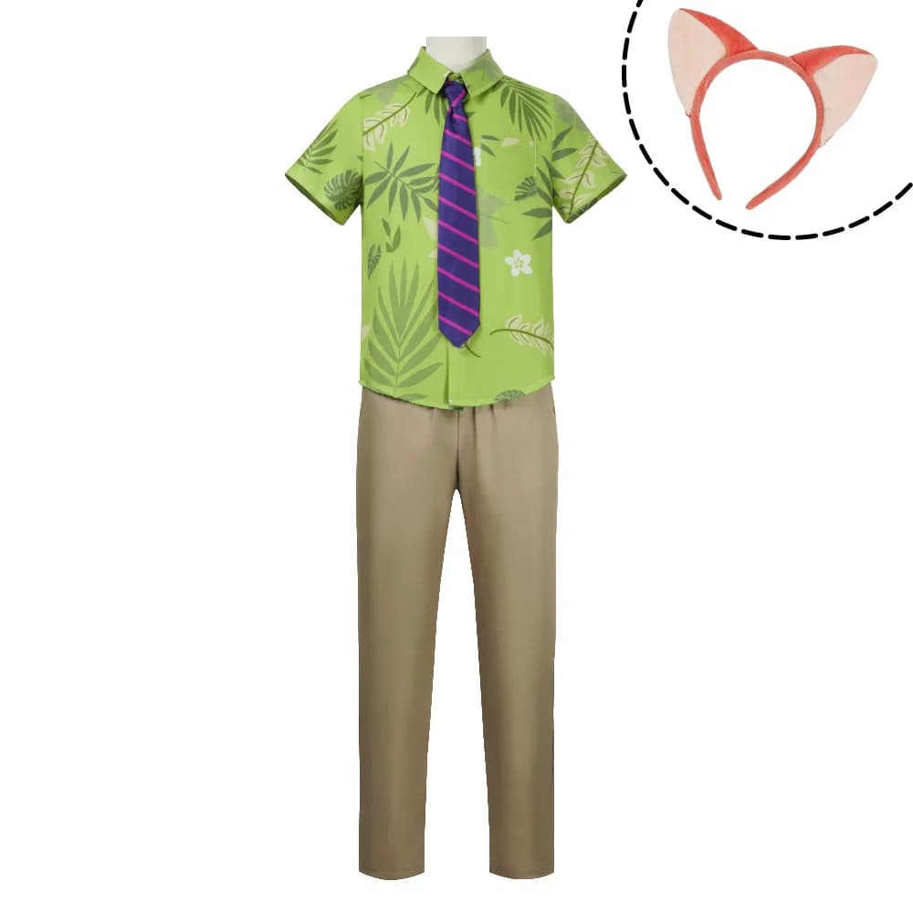 Camicia cosplay Fox Nick Wilde con cravatta da uomo, costume stampato con foglie verdi per Halloween