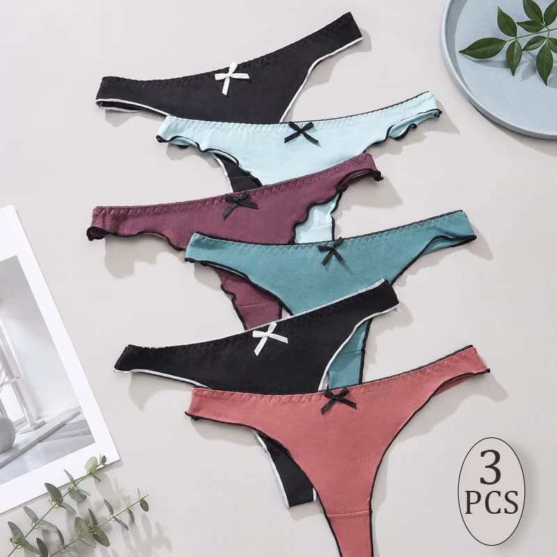 3pcs Women'S Cotton Cute Sexy Underwear Solid Color Rolled Edge Bow Thong Fashionable Comfortable Breathable Daily Thong